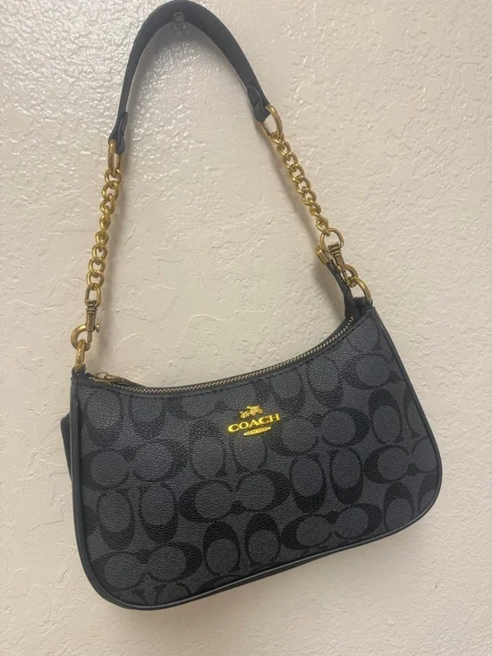 COACH Black Signature Small Shoulder Bag with Gold Chain - Picture 1 of 5